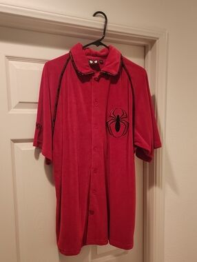 Spiderman Red Velour Collared Shirt with Black Accent